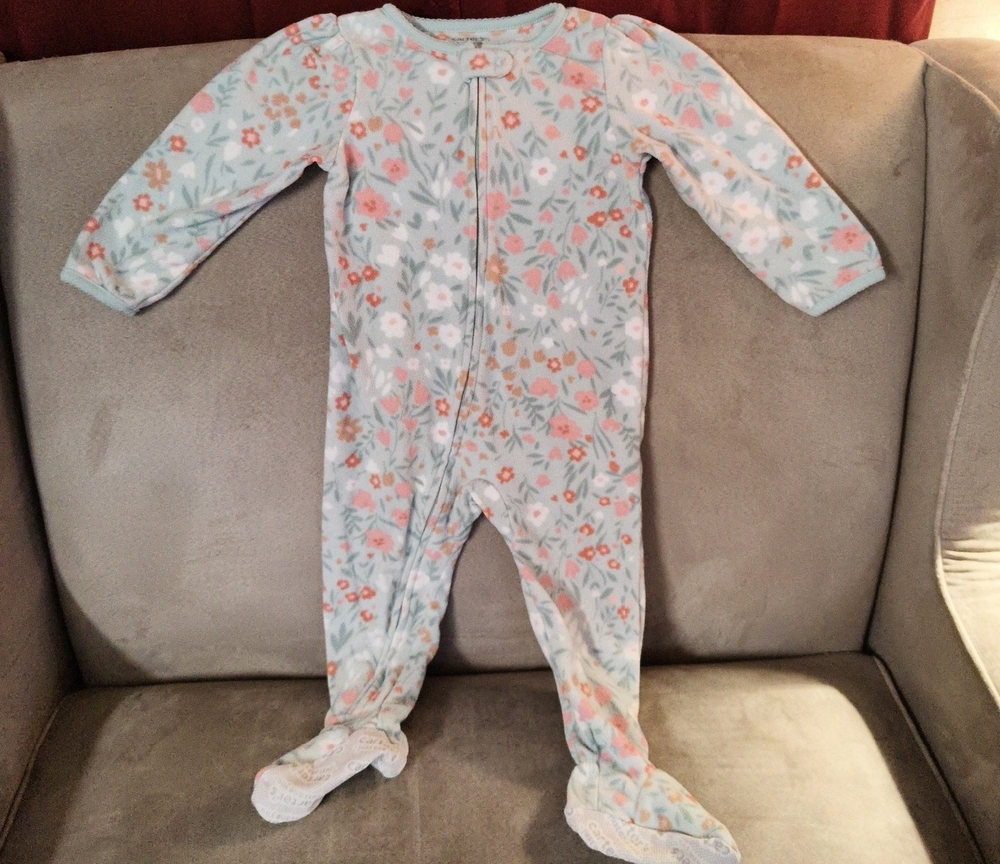 Carter's Mint Floral Footed One-Piece with Pink Accents
